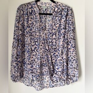 Veronica M Blue Leopard Print Blouse Split Neck Boho Top Size L Sheer